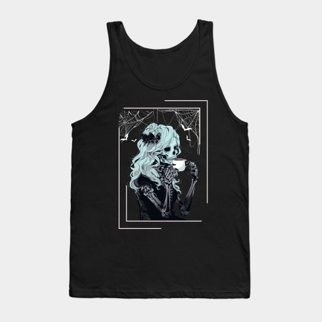 Coffee Drinking Skeleton Messy Bun Halloween Costume Girls Tank Top by AE Desings Digital